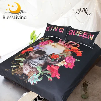 BlessLiving Crowned Floral Skull Duvet Cover With Pillowcases Sugar Skull King Queen Bedding Set for Couple Gothic Bed Set 1