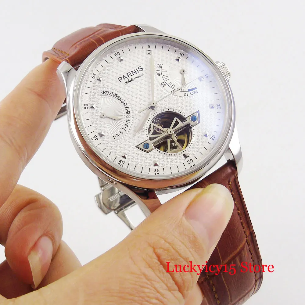 PARNIS 43mm Automatic Men Watch White Dial Date Function Deployment Clasp ST2505 Movement Power Reserve Indicator Leather Strap | Наручные