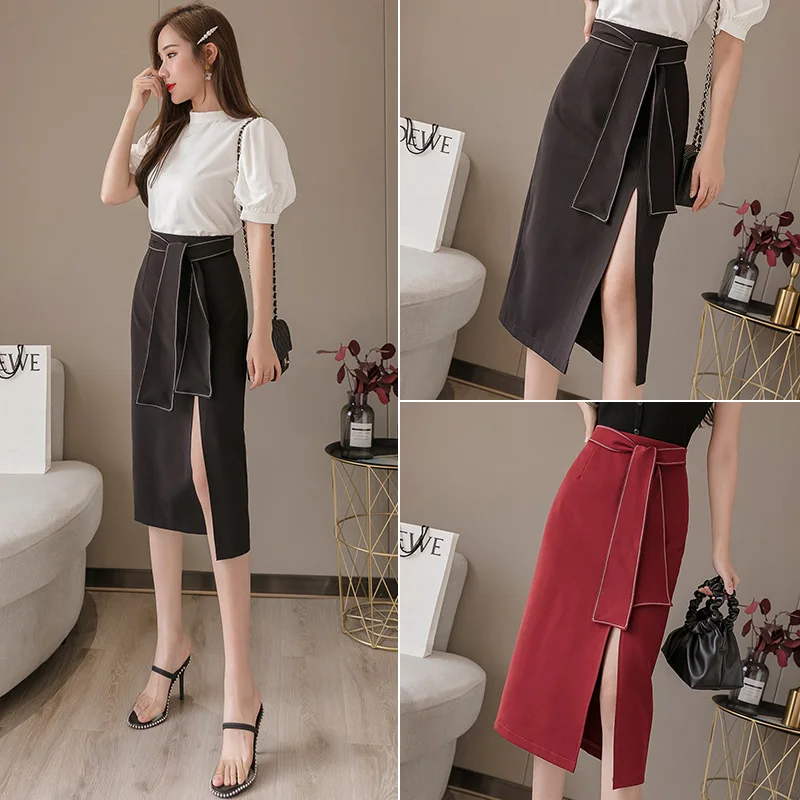 

Women Elegant Fashion Lace-up Pencil Skirts 2021 Spring Summer New High Waist Slit Midi Long Skirt Ladies Knee-length Skirts OL