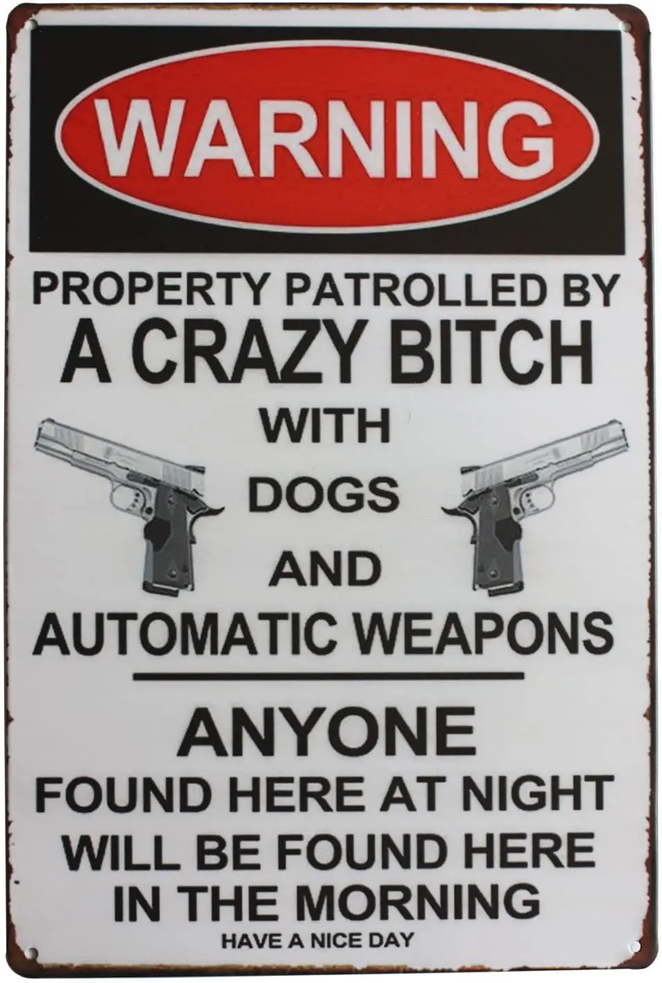 

Warning Property Patrolled by A Crazy, Metal Tin Sign, Vintage Art Poster Plaque Home Wall Decor