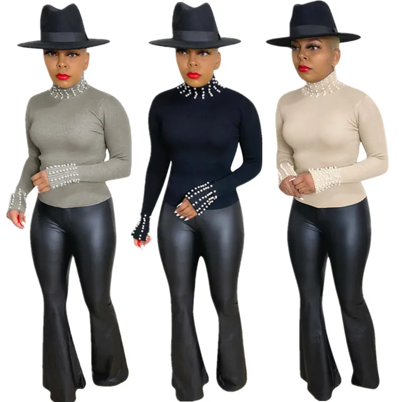 

Solid Color Long Sleeves Stand Collar Beads Casual All-Matching Shirt New Arrival Spring and Autumn Women Tops
