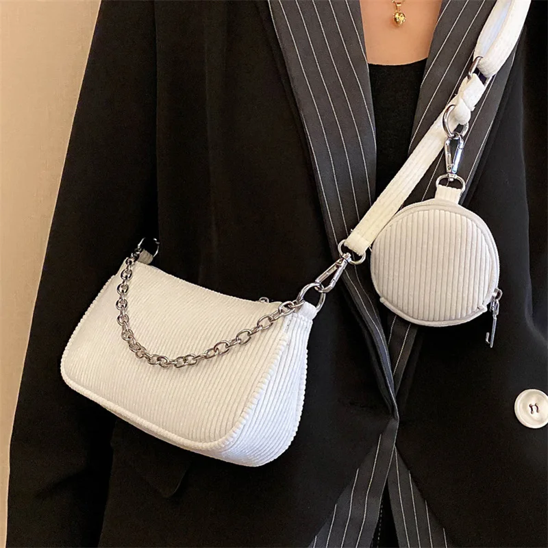 

Fashion Corduroy Shoulder Bag For Women Baguette Bag Chains Crossbody Bag Designer Armpit Handbag Girls Purse 2pcs bolso