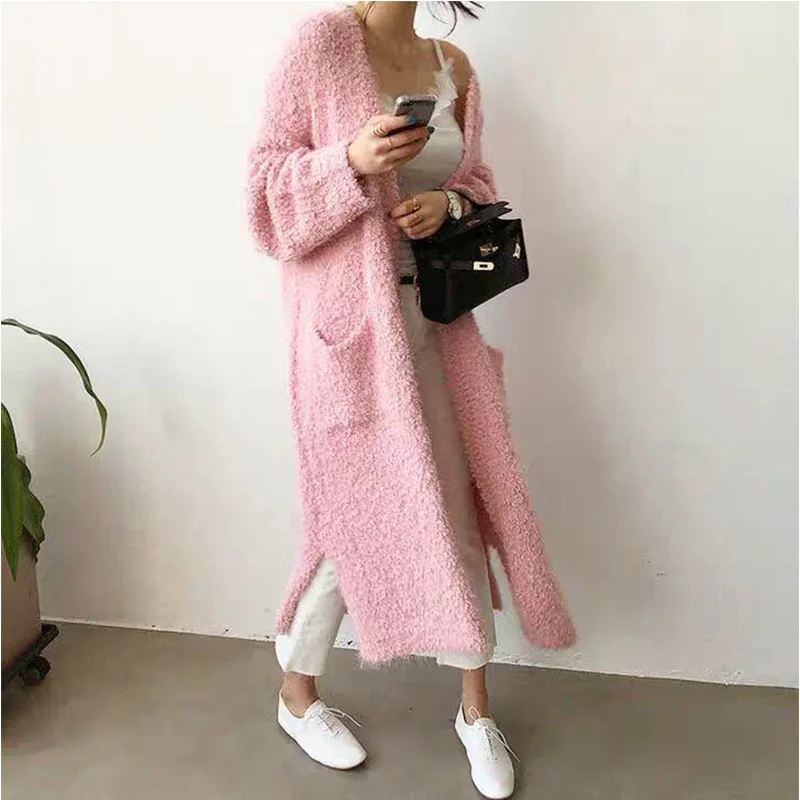 Мода Розовый Свитер Длинный Кардиган Женщин Открытый Стежка Зима Вязаный Пальто