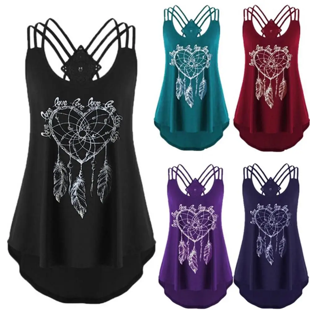 

Summer Women Heart Flower Print U Neck Strappy T-shirt Sleeveless Loose Tank Top