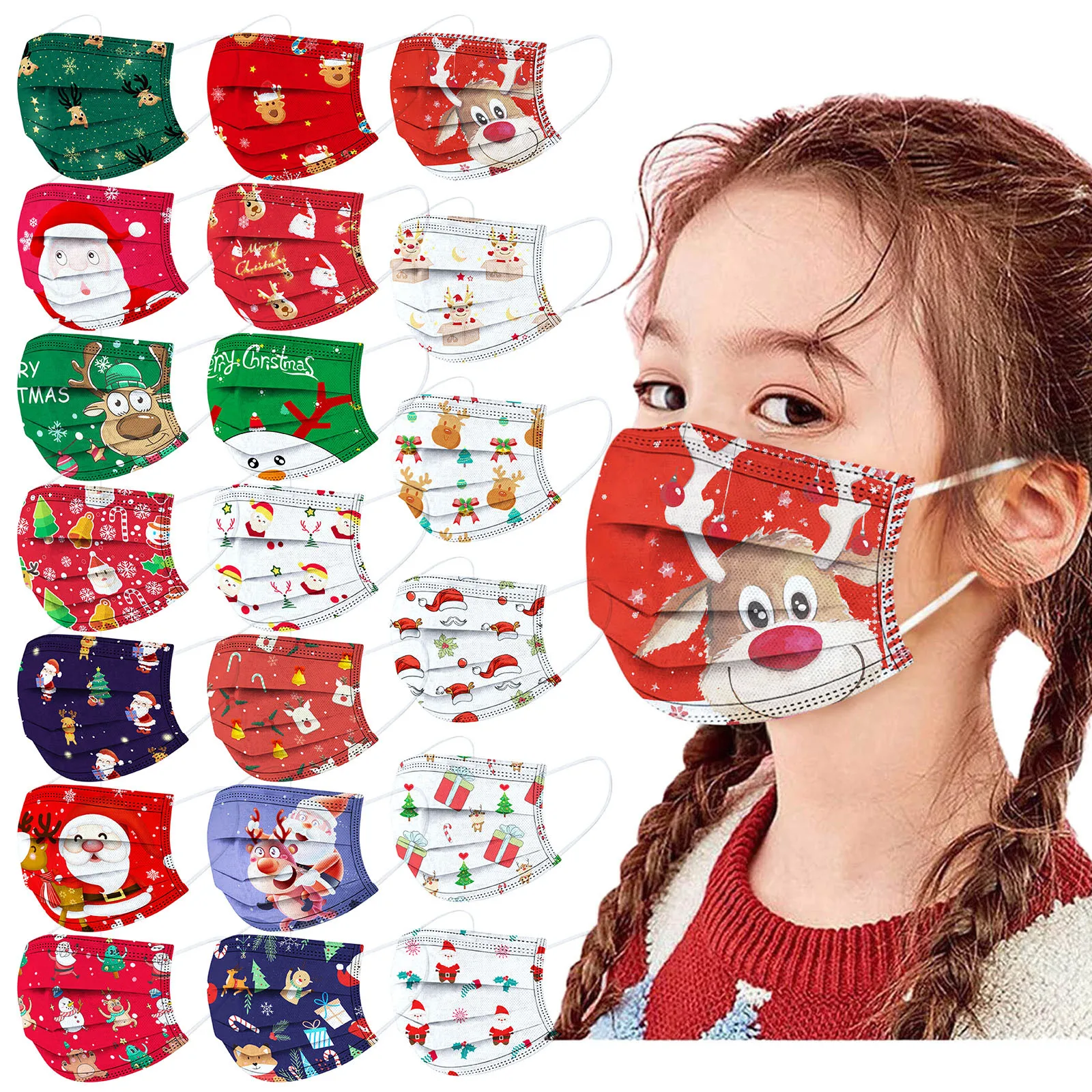 

10pc Christmas Child Kids Fashion Face Mask Cartoon printing Elastic Disposable kawaii Masks Face Bandana Face Decor Party use