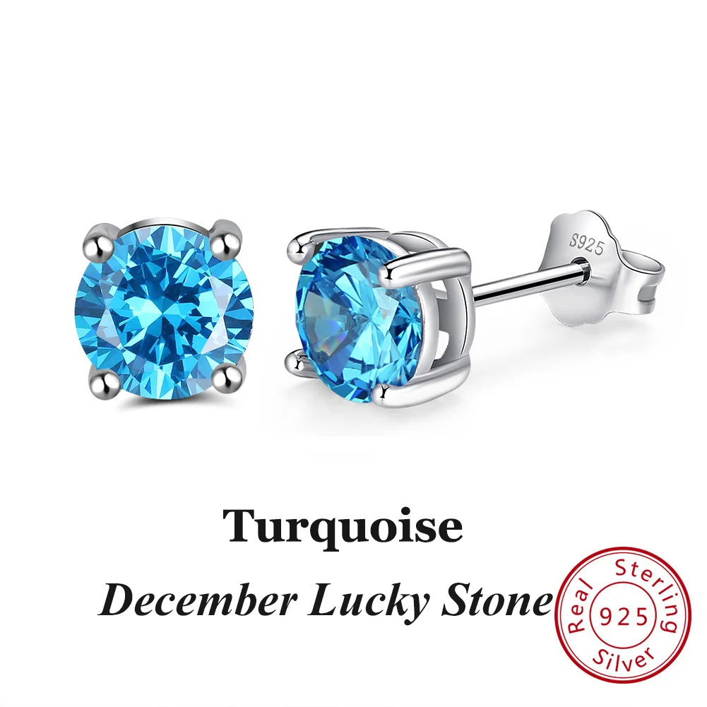 Dec Turquoise ORSA JEWELS, 12 цветов, серьги-гвоздики с камнем по месяцу рождения для женщин, 925 пробы, серебряные серьги с зубцами, Установка AAA кубического циркония, ювелирное изделие SE84 - Цвет камня: Dec Turquoise