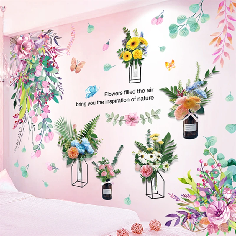 

[SHIJUEHEZI] Flowers Wall Stickers DIY Plants Wall Decals for Living Room Nursery Kitchen Home Wedding Decoration Accessories