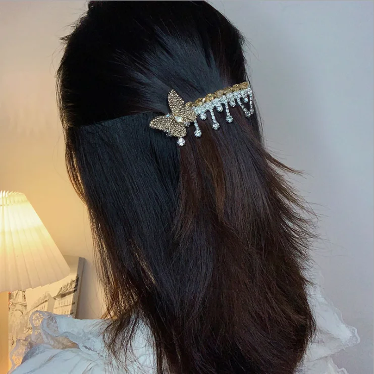 

Women Colorful retro tassel crystal flower hairpin long chain spring hairpins