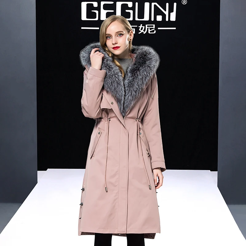 PINK AYUNSUE/теплая парка с натуральным кроличьим мехом, пальто из натурального меха, зимняя куртка, женская одежда, длинное пальто с воротником из лисьего меха, женские парки, MY - Цвет: PINK