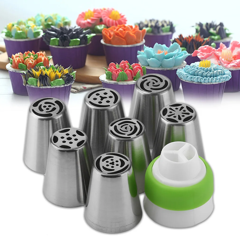 

8Pcs Reusable Icing Piping Nozzles Set Pastry Bag Cake Decorating Tools Scraper Flower Cream Tips Converter Baking Cup