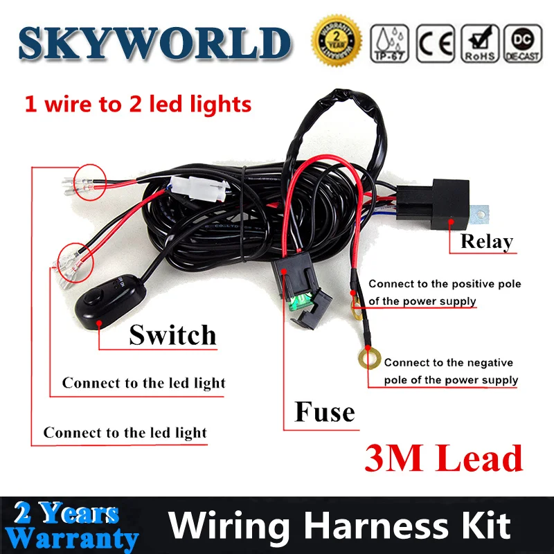 

1 to 2 Wiring Harness Relay Kit with Fuse Switch 12V 40A For Car LED Light Driving LED Bar Offroad Work Light SUV 4x4 Truck Boat