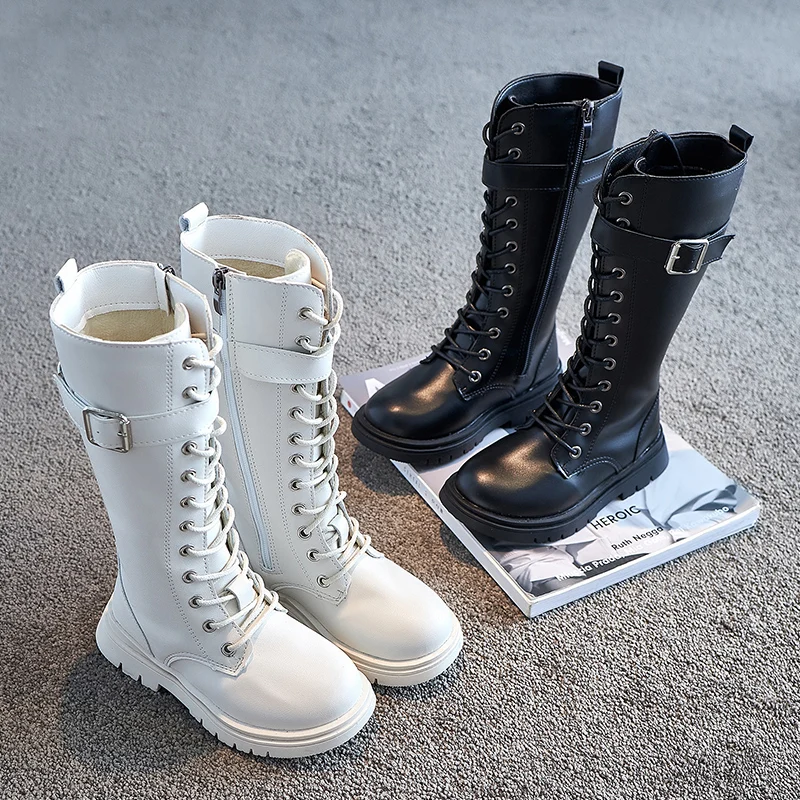 Children's Boots 2022 Winter plush Girls High Boots Zipper Little Girl Non-slip Princess Long Boots Kid's Leather Student Shoes