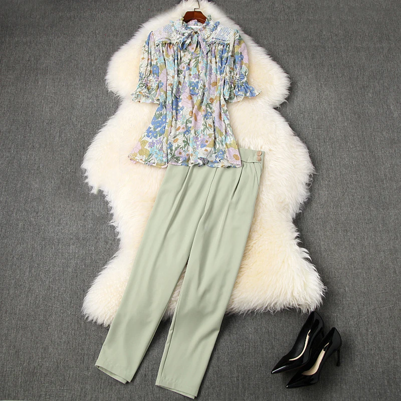 

New TOP QUALITY Fashion Summer 2021 Stylish Runway Suit Set Women's Short Sleeve Floral Print Blouse Shirt Pants Set