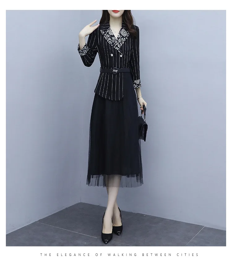 

The Spring And Autumn New Fashion Office Lady Dresses Temperament Sim Waist Suit Collar Mesh Stitched Women's Dress.