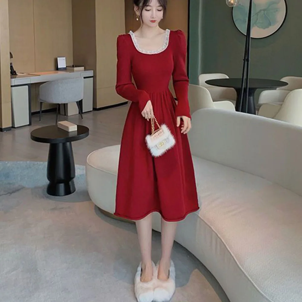 

Элегантное трикотажное платье с длинным рукавом, Женское зимнее однотонное ТРАПЕЦИЕВИДНОЕ ПЛАТЬЕ, женское повседневное Красное Облегающе...