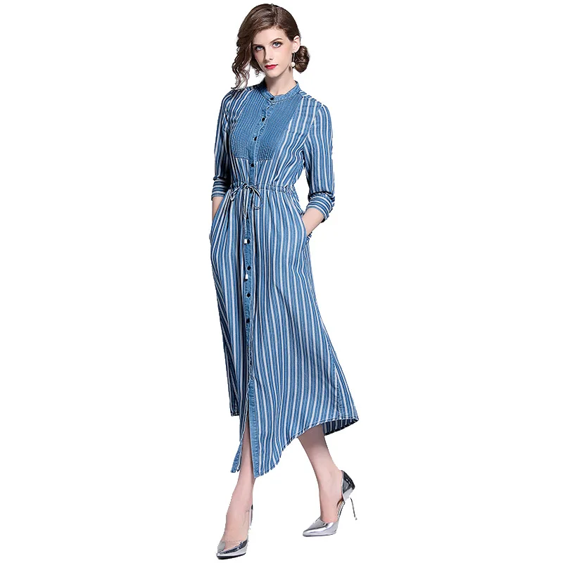 

Summer new Tencel denim dress fashion stripe round neck sleeve waist mid length dress