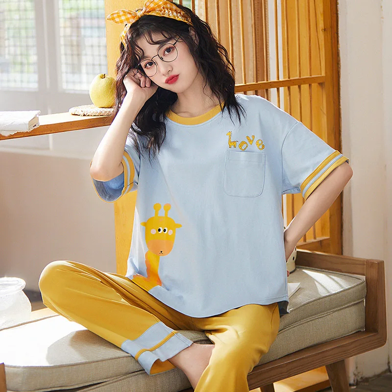 

SLPBELY Women Pajamas Set Homesuit Summer Cartoon Cotton Casual Pyjamas Giraffe Printed Nightwear Lounge Wear Homewear Nightgown