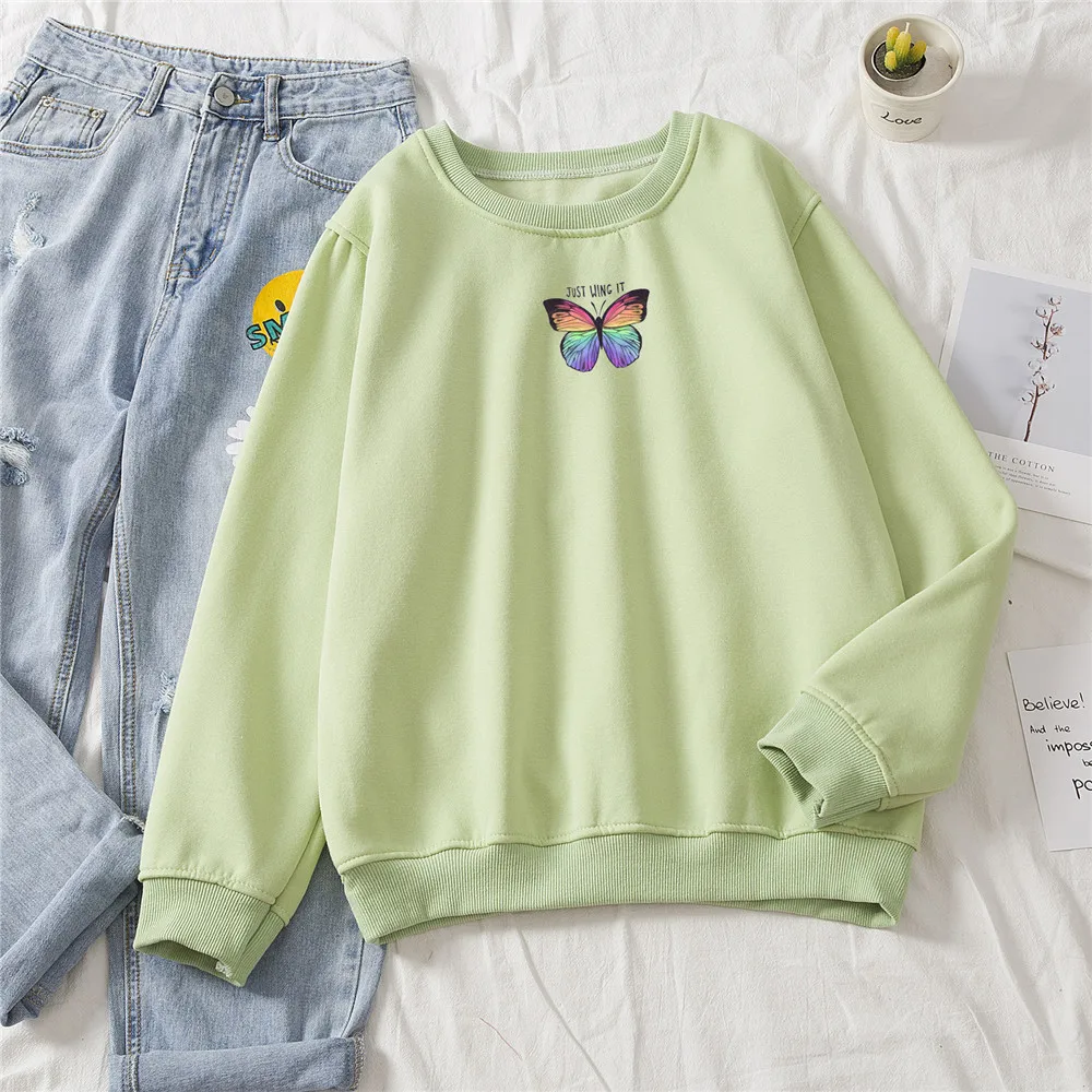 Sweet Butterfly Printed Women Cotton Sweatshirt Harajuku Oversized Hoodies Long Sleeve Hoody Basic Kawaii Sweetshirt for Girls
