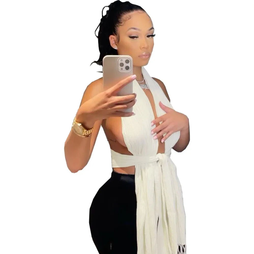 

Sexy Halter Crop Top Women Summer 2021 Sexy Party Night Club Backless Sleeveless Bandage Asymmetrical White Tank Top Streetwear