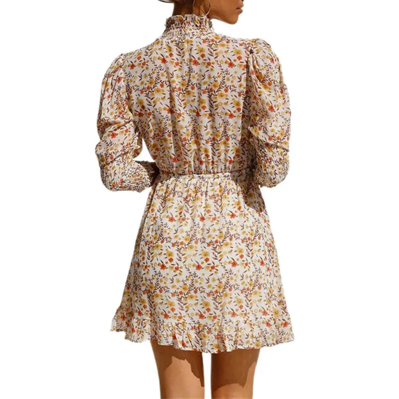 

Womens Floral Puff Sleeve Elastic Waist Swing Dress Summer Beach Holiday Dress