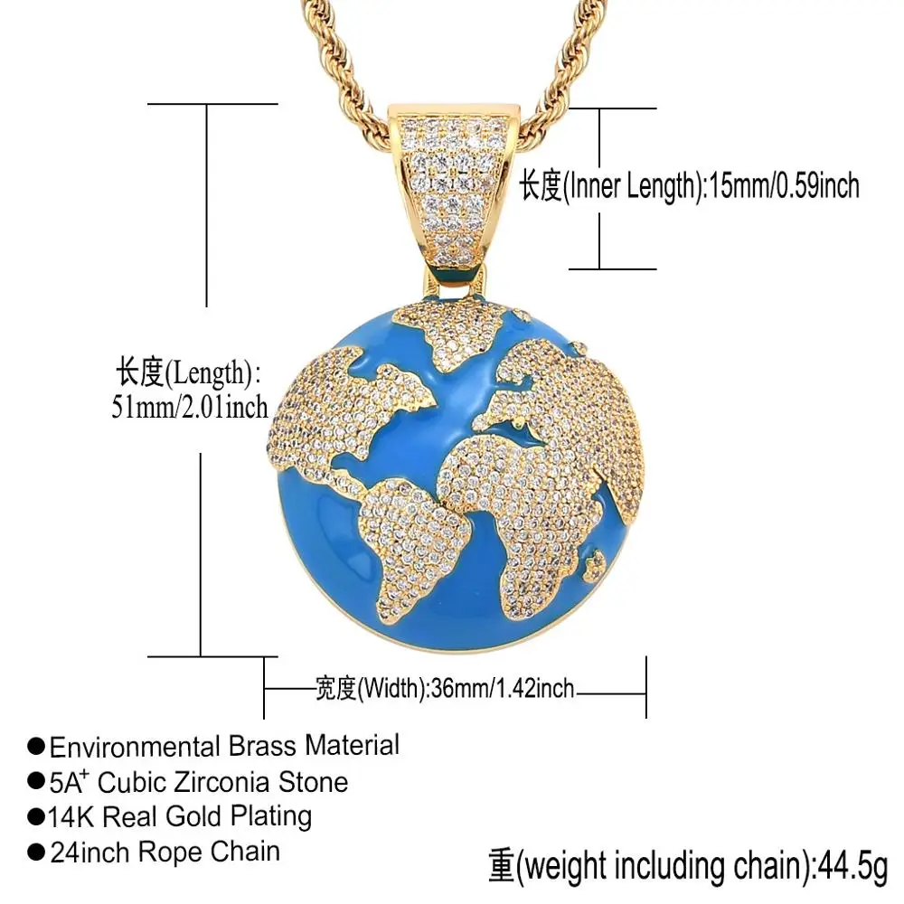 

Bling Iced Out Blue Earth Pendant Necklace with Long Tennis Chain Paved Cubic Zircon For Women Mens Hip Hop Pendant Jewelry