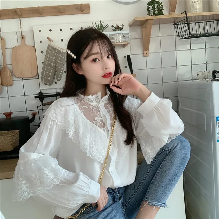 

Cute Lace Patchwork Elegant Blouse Women Stand Collar Ruffles Pullover Blusas Lantern Long Sleeve Slim Shirt Dress Shirts