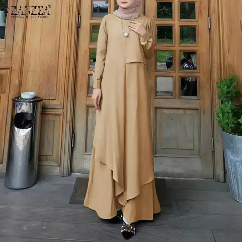 

Women Autumn Sundress ZANZEA Kaftan Muslim Dress Islam Clothing Long Sleeve Stitiching Vestido Female Marocain Turkish Robe