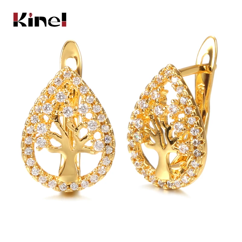 Популярные серьги-гвоздики Kinel с цветком на удачу и деревом модные золотые серьги
