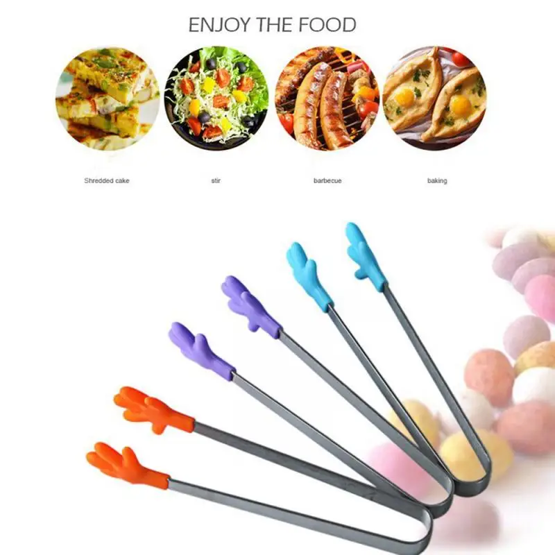 

Mini Silicone Food Clip Salad Serving BBQ Tongs Stainless Steel Handle Utensil Creative Hand Shape Kitchen Cooking Tools