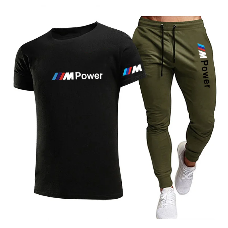 

2021BMW Fashion Casual Sportswear Summer Alphabet Print Suit Men's Jogging Fitness Suit Men's Suit T-shirt + Pants 2-Piece Set