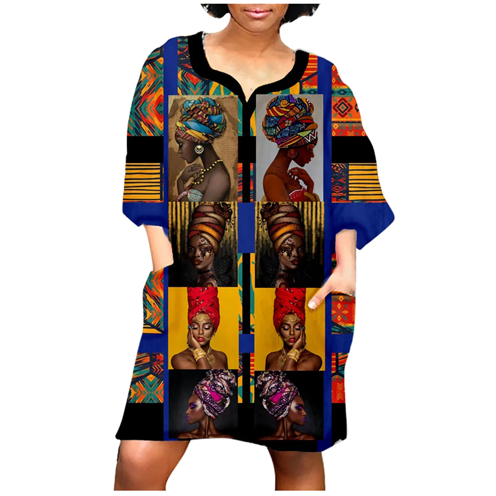 

Women Fashion African Vintage Print Middle Sleeve V Neck Casual Mini Dress