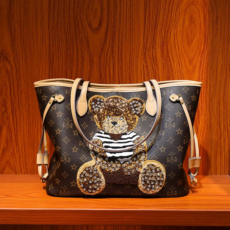 

Luxury Brand 100% Genuine Leather High-end Western Style Presbyopia Print Tote Bag Retro Large-capacity Bear Handbag Female Bag