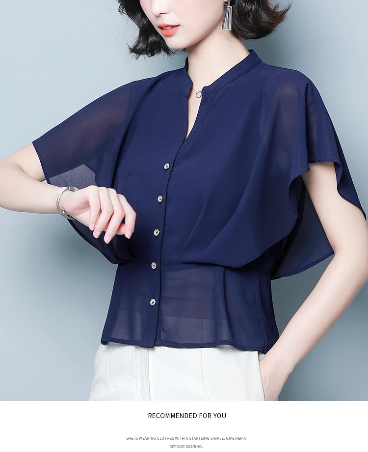 

Women's Blouses Chiffon Casual Shirt Korean Loose Plus Size Fashion Short Sleeve Top O-neck Solid Summer Lady Shirts Houthion