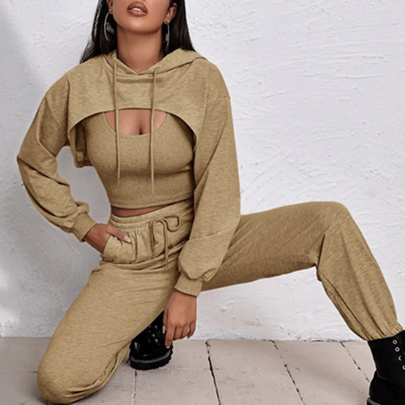 

3 шт., Женский хлопковый комплект из жилета с капюшоном и брюк на шнуровке