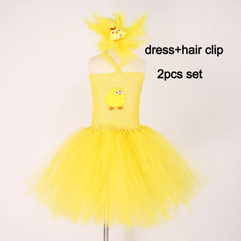 dress and hair clip Желтое платье-пачка с изображением цыпленка для девочек; детский праздничный костюм для хеллоуина с изображением животных; детское фатиновое платье с крыльями из перьев - Цвет: dress and hair clip