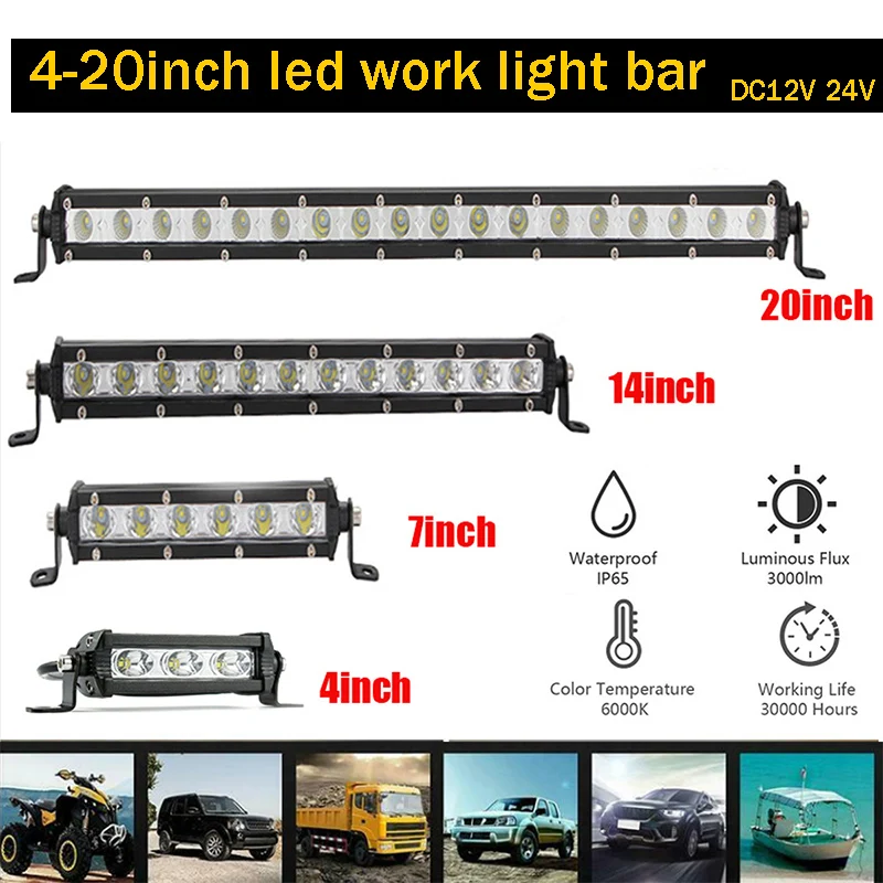 

Single Row Slim LED Light Bar 4" 7" 12" 20" inch Work Lamp Driving Spotlight OffRoad 4WD ATV 12V 24V for Jeep Car 4WD Truck SUV