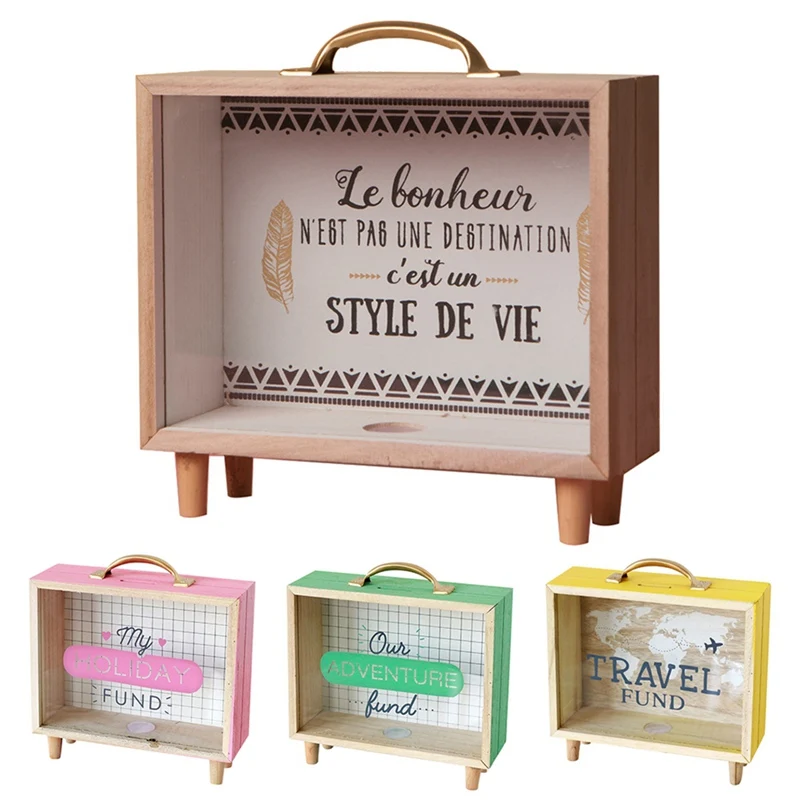 Wooden Money Bank Coin Piggy Money Boxes Home Decor Gift Kids Children With Glass Household Money Saving Box Decoration Craft