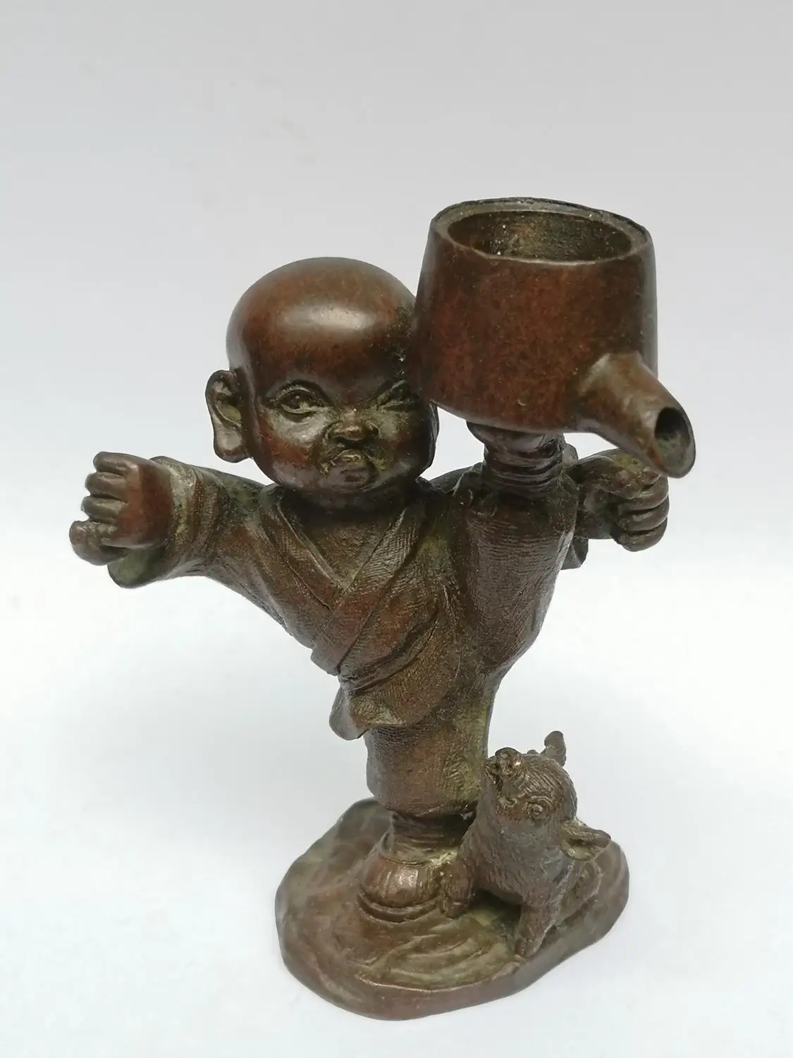 

YIZHU CULTUER ART Collection Old China Bronze Carving Boy Buddha Statue Back in Sweet Base Family Decoration Gift