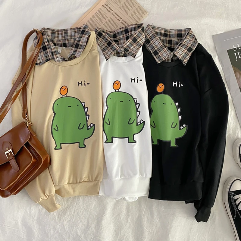 

Свободные клетчатые пуловеры с отложным воротником в стиле Харадзюку, осенняя Повседневная Женская тонкая толстовка, толстовка с капюшоно...