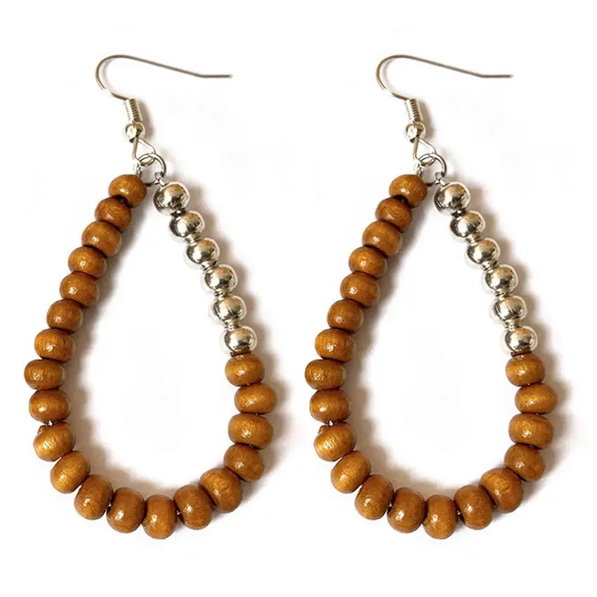 

Mixed Wood Metal Beads Line Teardrop Drop Earrings for Women Fashion Two Tone Beaded Open Water Drop Earrings Jewelry Wholesale