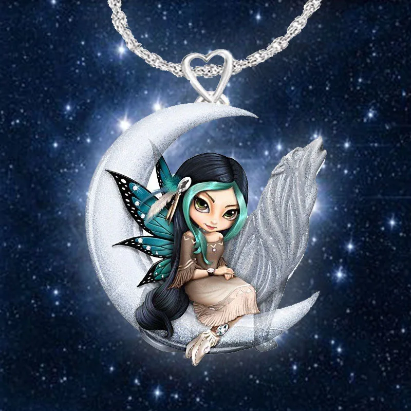 

Simple Cartoon Women 3D Printing Choker Crescent Stone Wolf Girl Pendant Casual Party Necklace Jewelry