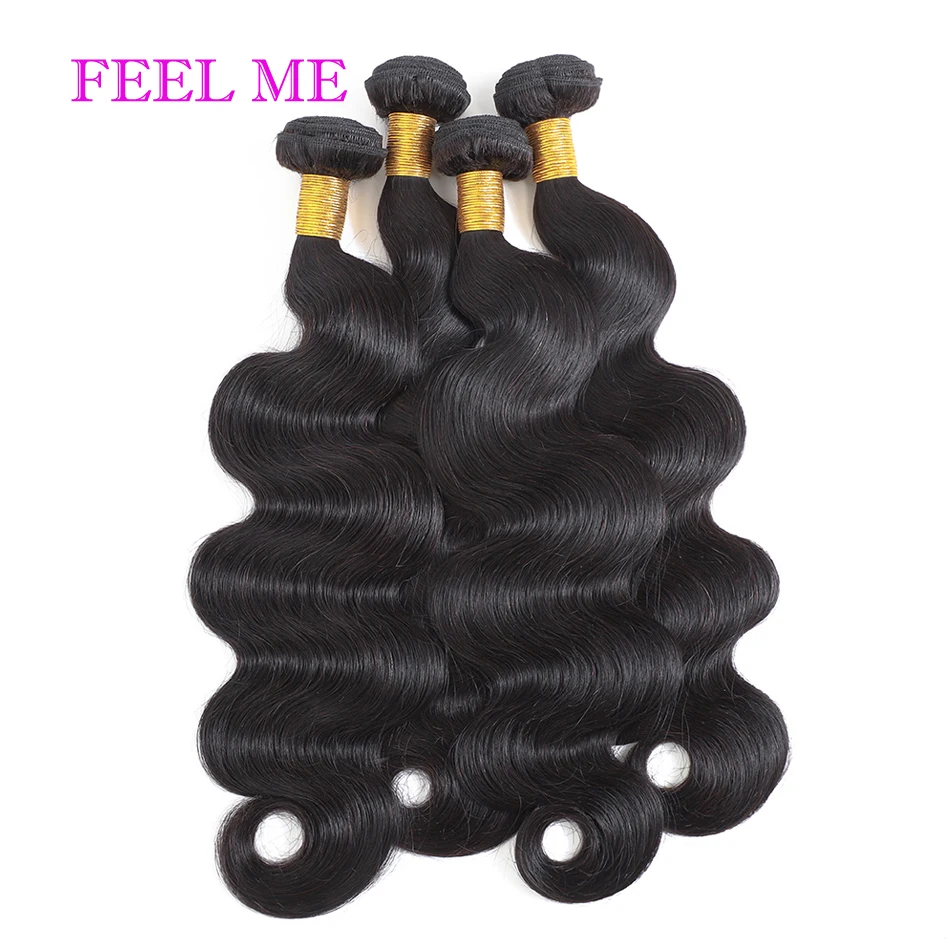 FEELME Body Wave Indian Hair Weave Bundles 100% Human 3/4pcs Extensions Color #1 Dark Black | Шиньоны и парики