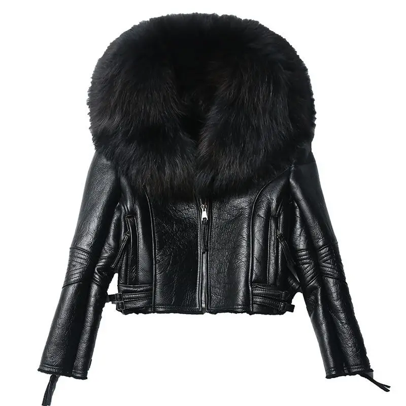 

Women Sheepskin Genuine Leather Lady Real Raccoon Fur Collar Coat New Fashion Female Outwear Short Casual Zipper Plus Size Coat