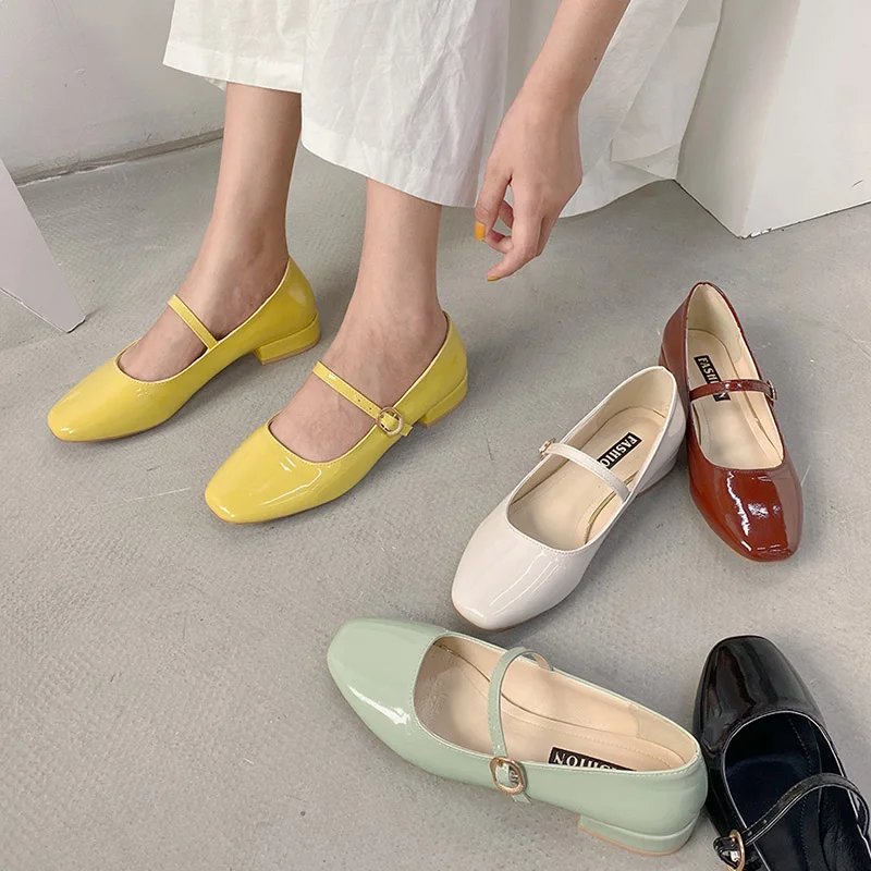 

Women Mary Janes Shoes Leather Low Heels Dress Shoes Square Toe Buckle Strap Girls 2021 Trend