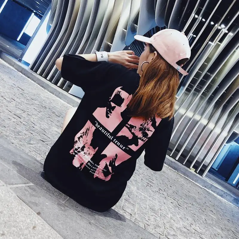 

Yanxier clothing women's short-sleeved summer new trendy brand mid-length loose black student hip-hop retro t-shirt