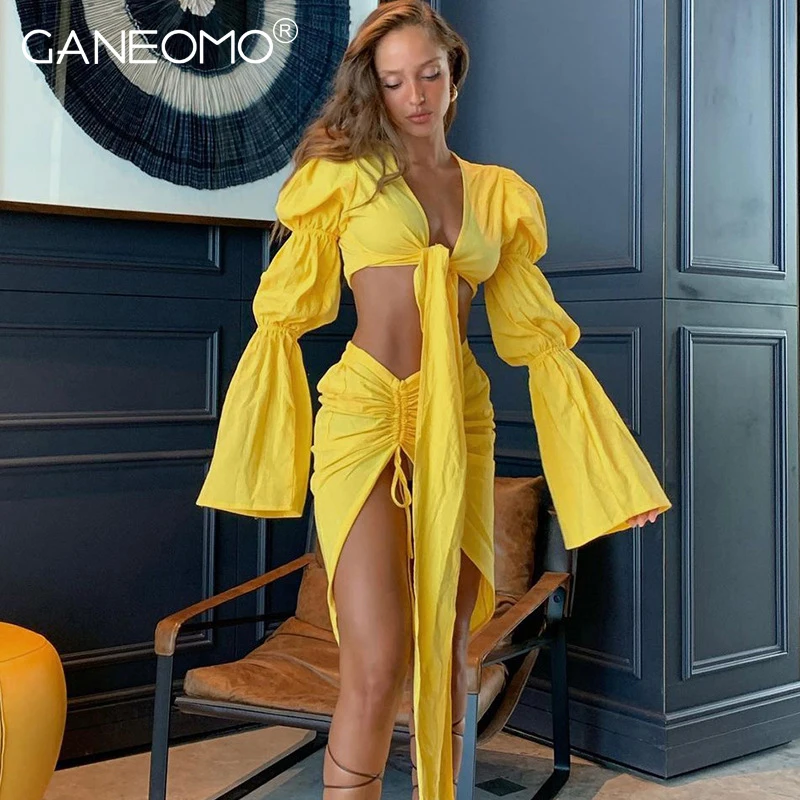 

Женский клубный комплект из двух предметов, короткий топ с длинными рукавами-фонариками и шнуровка, праздничная одежда, облегающие мини-юбк...