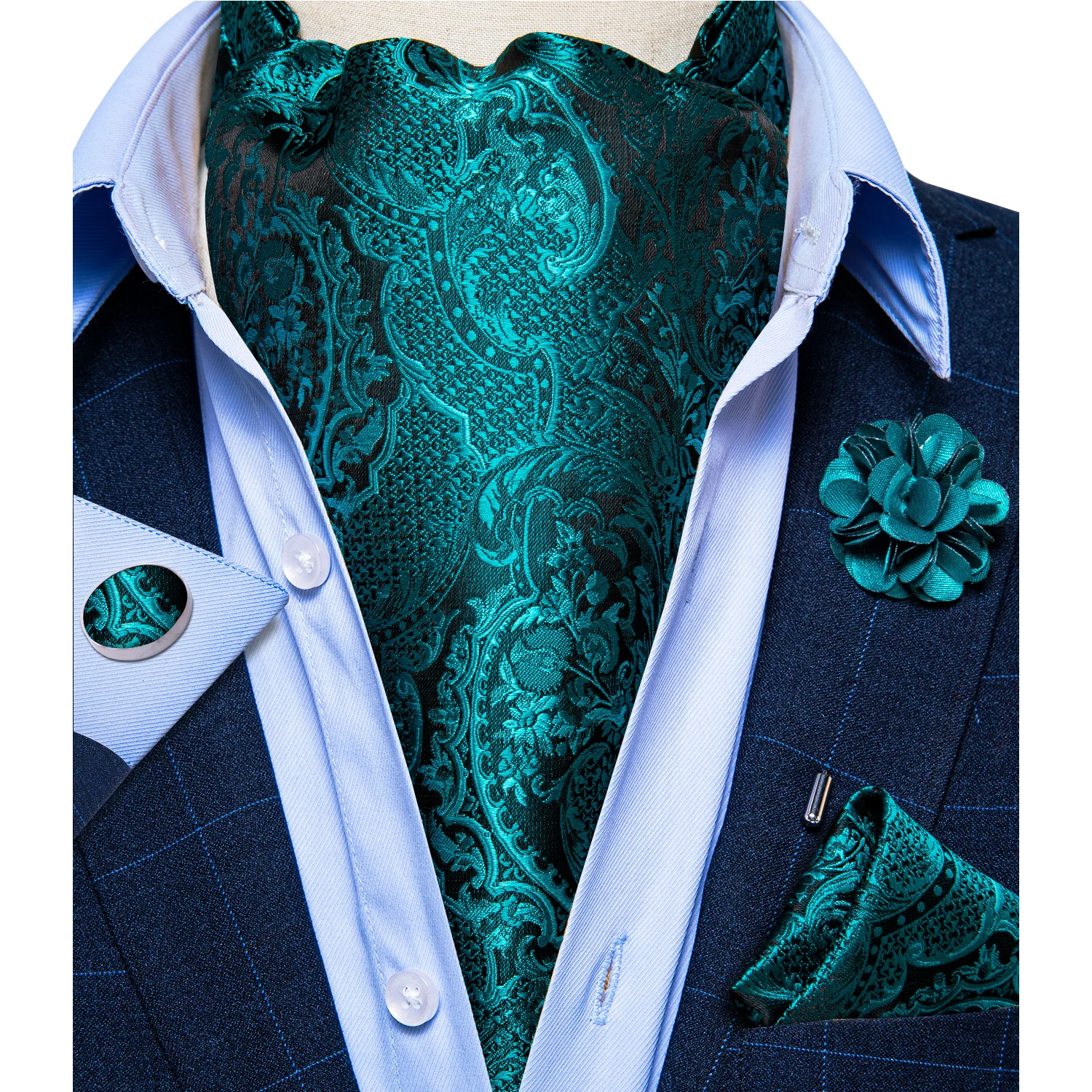 

Luxury Men's Ascot Vintage Teal Blue Paisley Jacquard Woven Silk Tie Self Cravat Scrunch British Style Gentleman Necktie DiBanGu