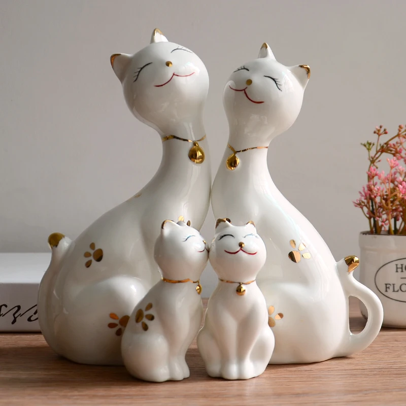 

Nordic cute ceramic lucky cat family love crafts decoration objects Smiling cat statue porcelain animal figurine EA35