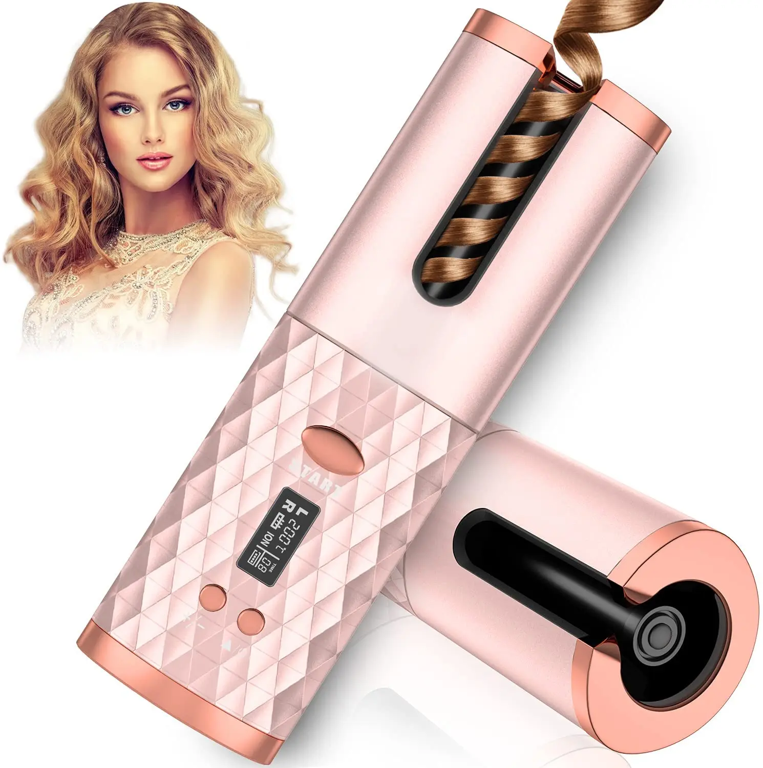 

USB Rechargeable Rotating Curling Iron Automatic Cordless Hair Curler LED Display Temperature Control Hair Waver Styling Tools