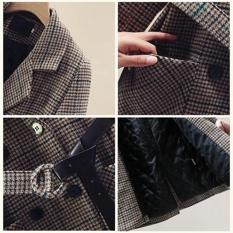 

2021 New Autumn Winter Women's Jacket Plaid Wool Blends Coat Vintage Double breasted Woolen Coat With Belt Outerwear Ladies P911